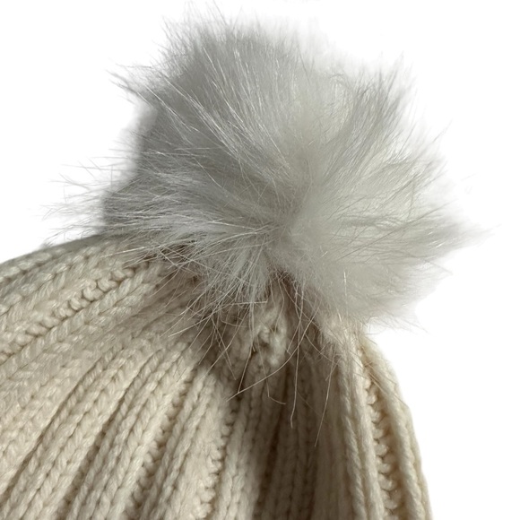 Athleta Knit Ribbed Winter Hat with Faux Fur Pom, Ivory Cream - Picture 2 of 11